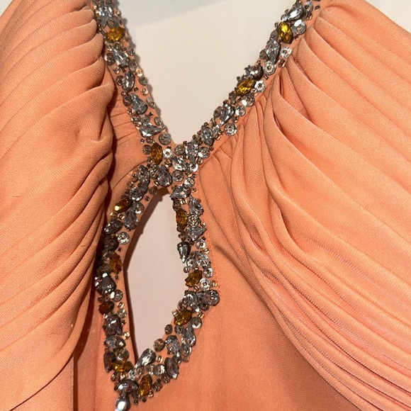 Vintage cross front La Femme Coral rhinestone Dress hi-lo Riviera - Picture 3 of 8